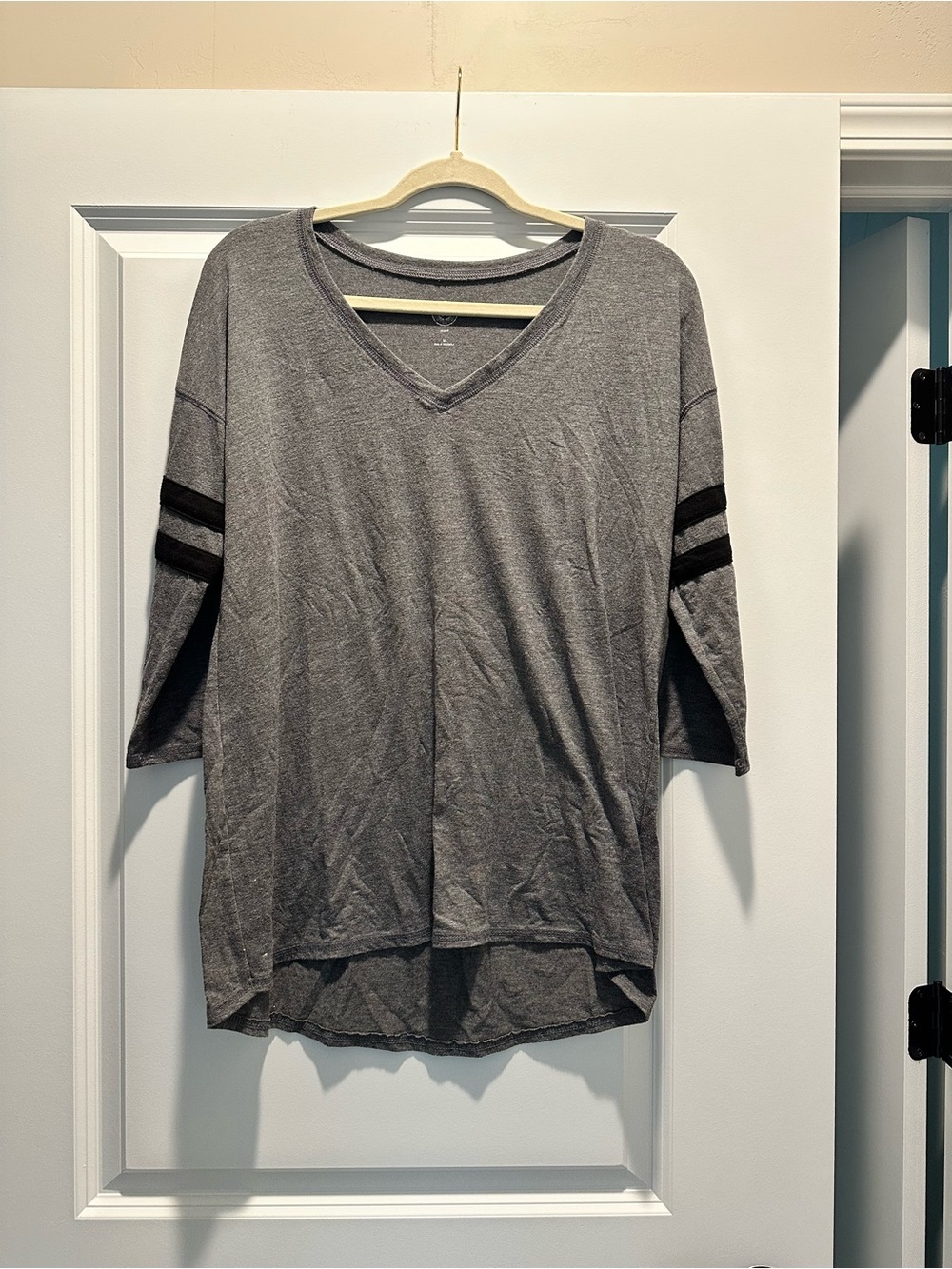 SO Gray V-Neck Long Sleeve Tee with Black Sleeve Stripes